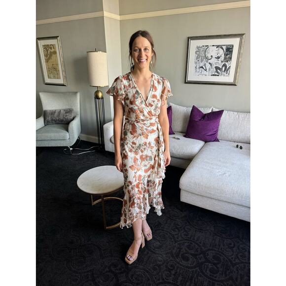 TANYA TAYLOR Floral Brown White Wrap Ruffle Sleeves Floral Blaire Dress Size 4 - Picture 4 of 13